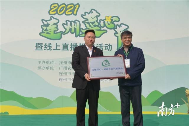連州菜心獲評“嶺南生態(tài)氣候優(yōu)品”，廣東省氣象局一級巡視員、省氣象學(xué)會理事長梁建茵為連州菜心授牌。張曉欣 攝
